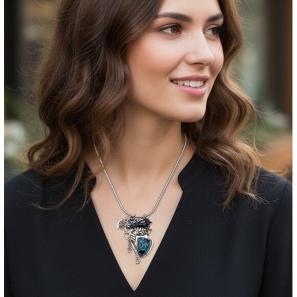 925 Sterling Silver Azurite Necklace Medieval Axe Shield Stag Mythical Fantasy - Picture 1 of 11